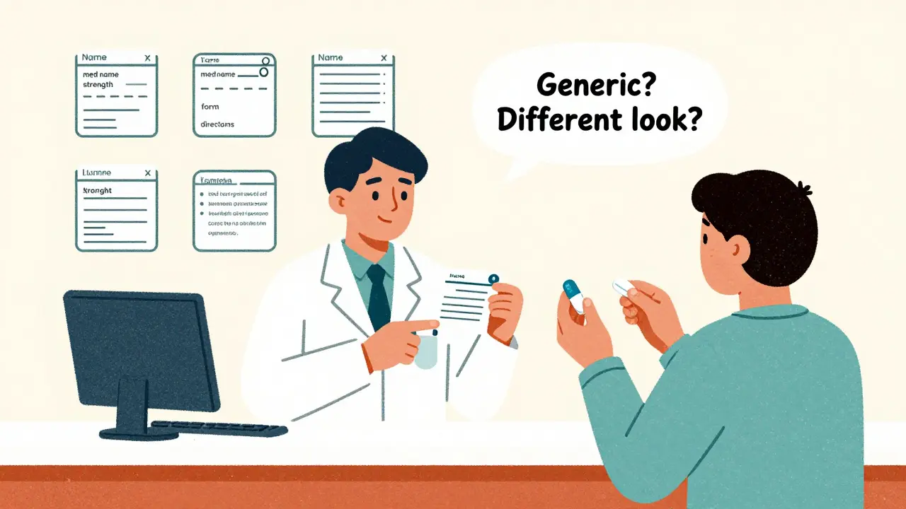Patient and pharmacist comparing pill shapes at pharmacy counter, label elements floating around them.