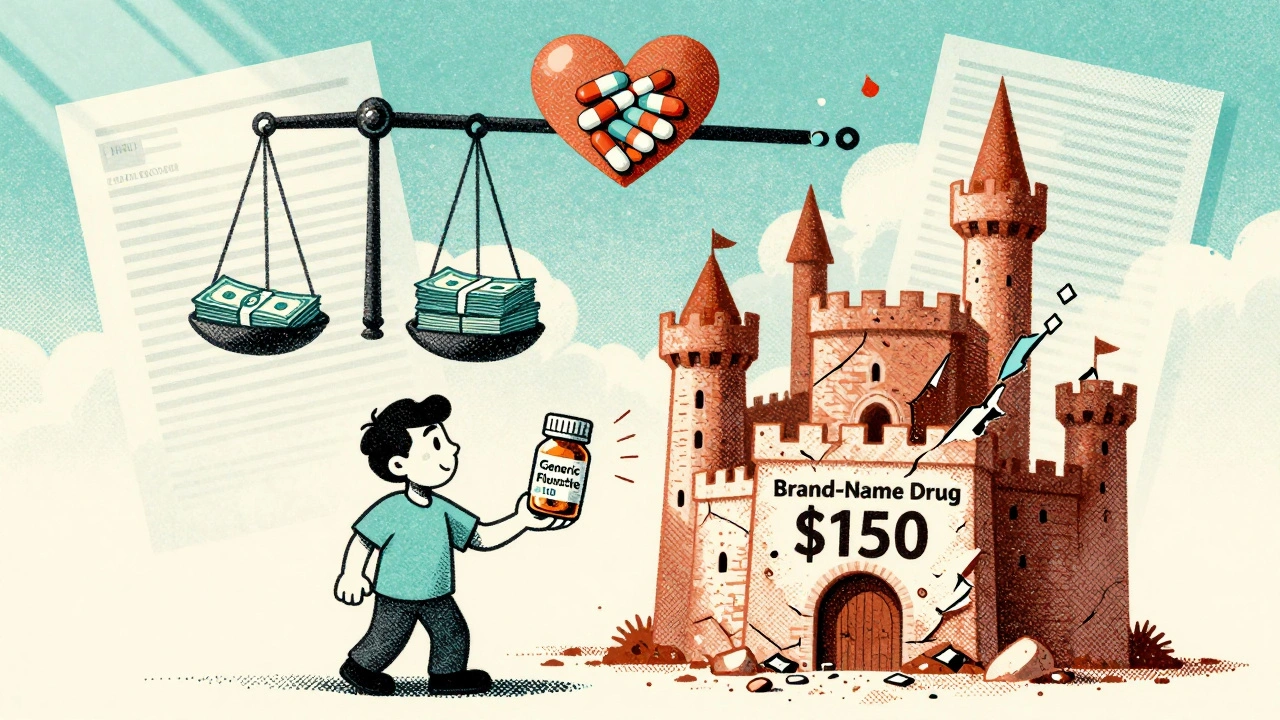 Patient holding cheap generic pill beside crumbling brand-name drug castle on a balance scale.
