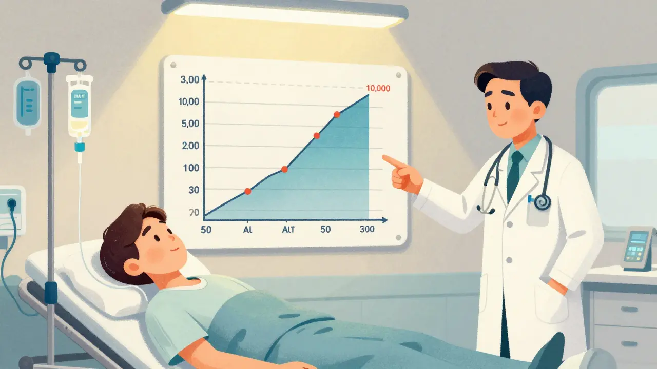 Patient receiving NAC IV in ER with rising liver enzyme graph on wall.