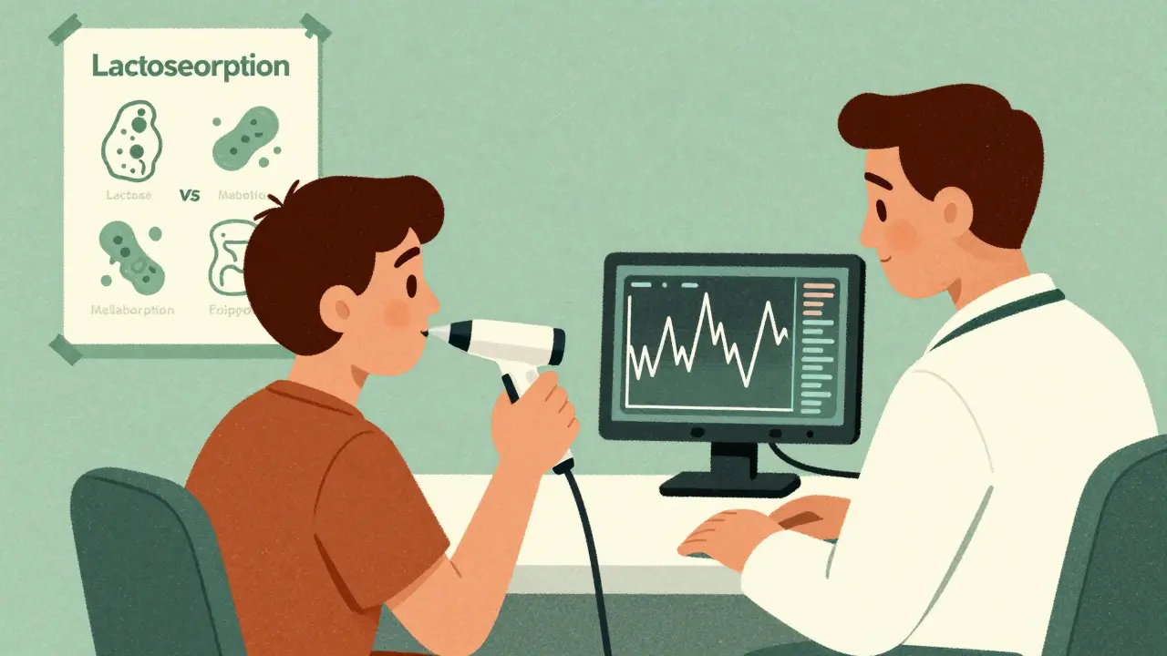 Patient taking a hydrogen breath test in a clinic, with a graph showing rising hydrogen levels on a screen.