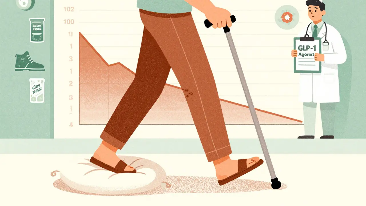 Person elevating legs while tracking weight decline, icons of healthy habits in background