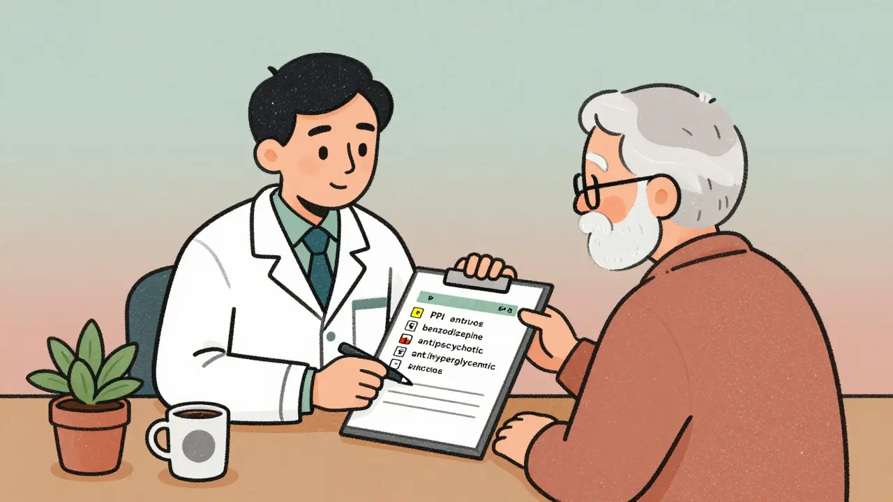 Pharmacist and older adult reviewing a medication list together in a calm clinic setting.