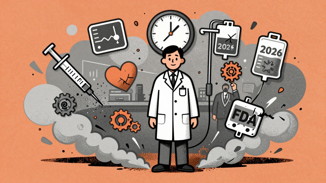 Pharmacist surrounded by dissolving medical icons as a clock ticks toward 2026