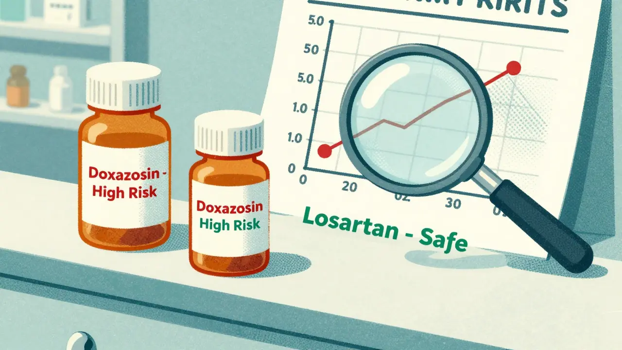 Pharmacy counter with labeled blood pressure pills, safe and risky options shown side by side.