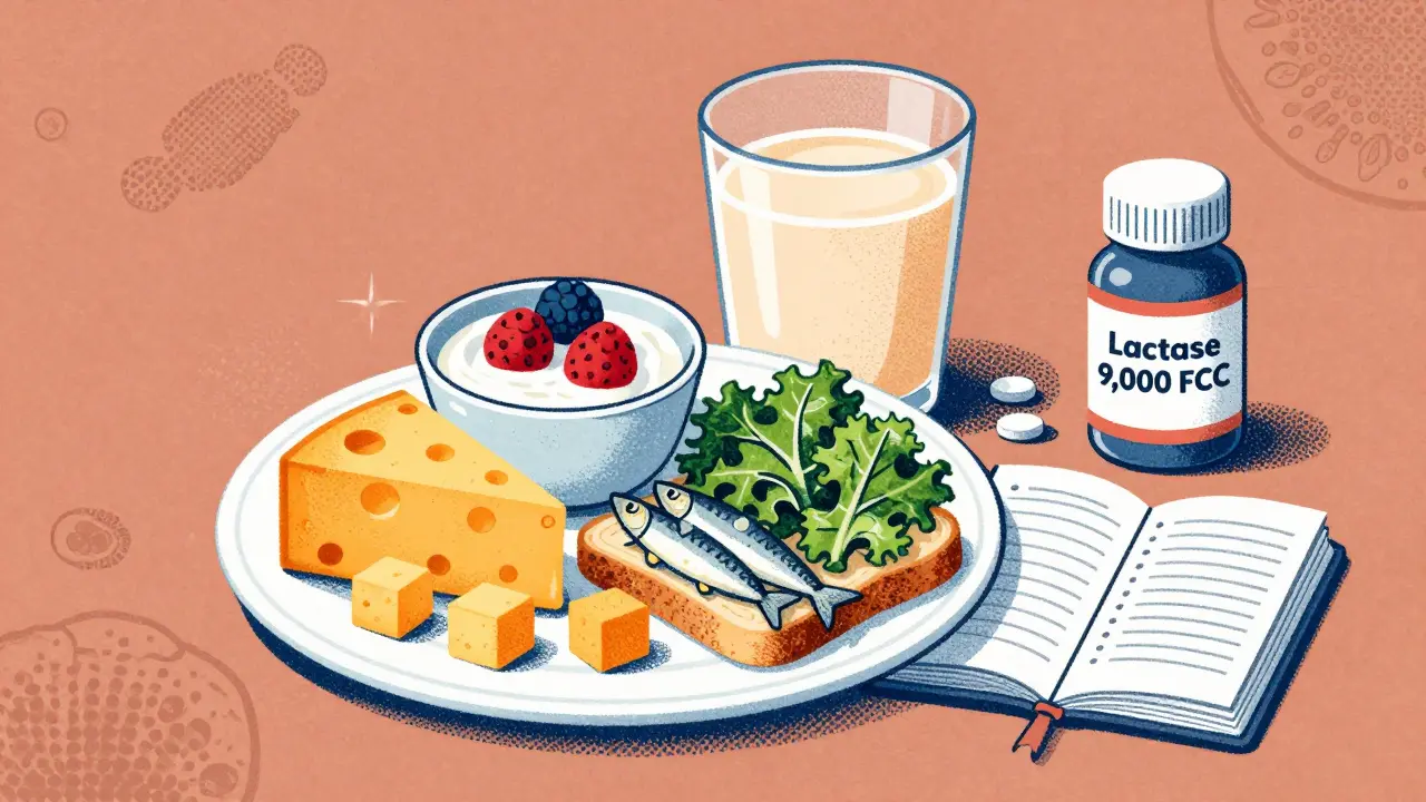 Plate of lactose-friendly foods including cheese, yogurt, fortified milk, and sardines with a lactase pill nearby.