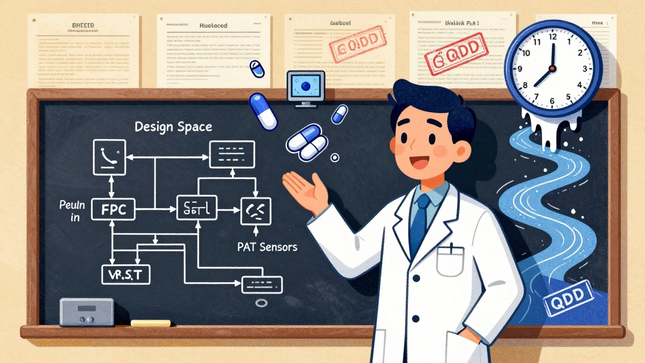 Scientist at a chalkboard with design space charts and PAT sensors, clock counting down to 8 months.