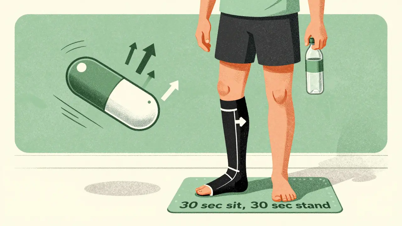 Senior wearing compression stockings drinking water, practicing slow standing technique.