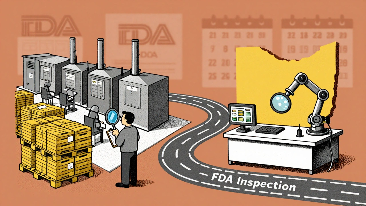 Side-by-side factories in India and Ohio under FDA inspection, connected by a winding road.