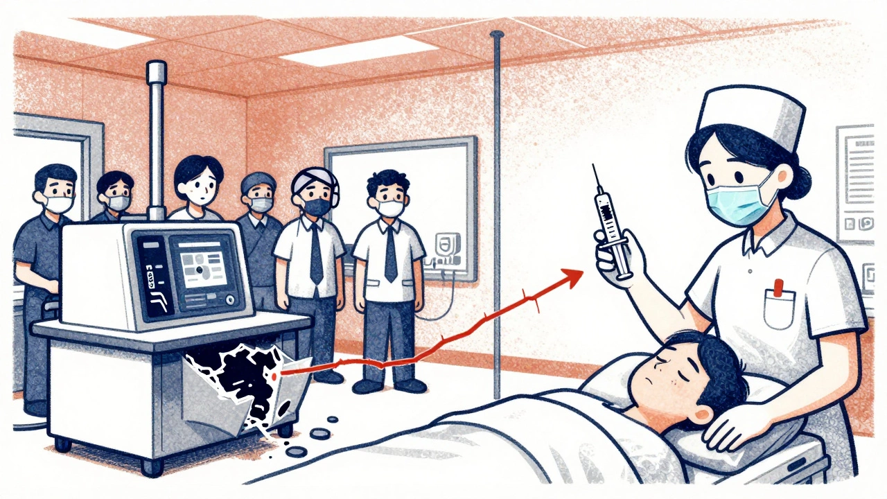 Split illustration of drug factory breakdown in China and empty syringe in American ICU