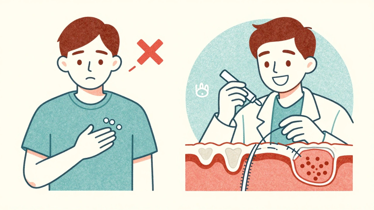 Split illustration: stopping blood thinners vs. safe dental care with mouthwash and sutures.
