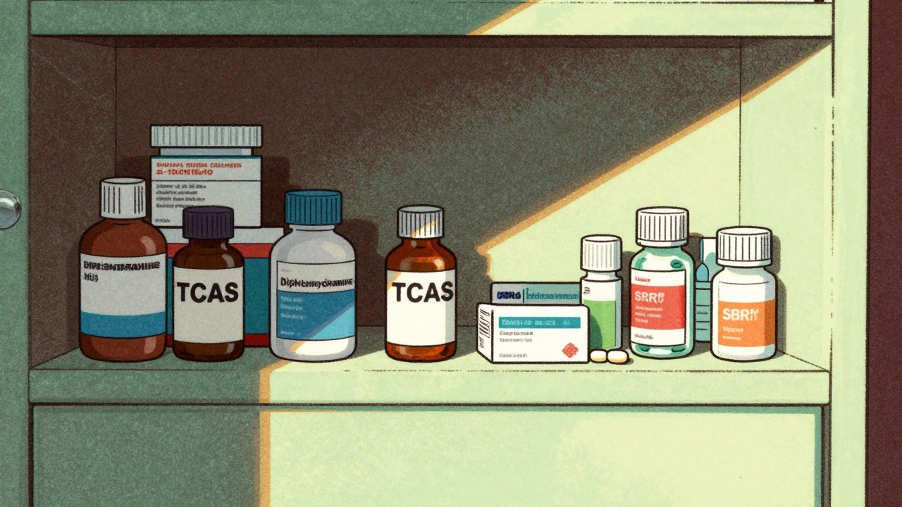 Split image: cluttered medicine cabinet with anticholinergic drugs vs. clean cabinet with safer alternatives.