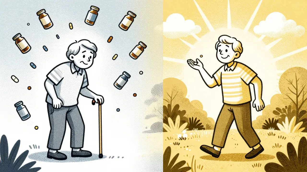 Split image: person struggling with pills on one side, walking freely in a garden on the other.