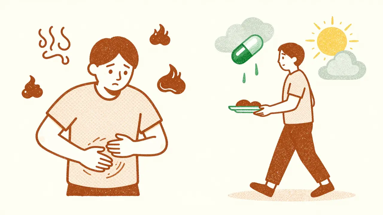 Split scene: person with mild stomach issues transitioning to walking after meal with probiotic capsule.