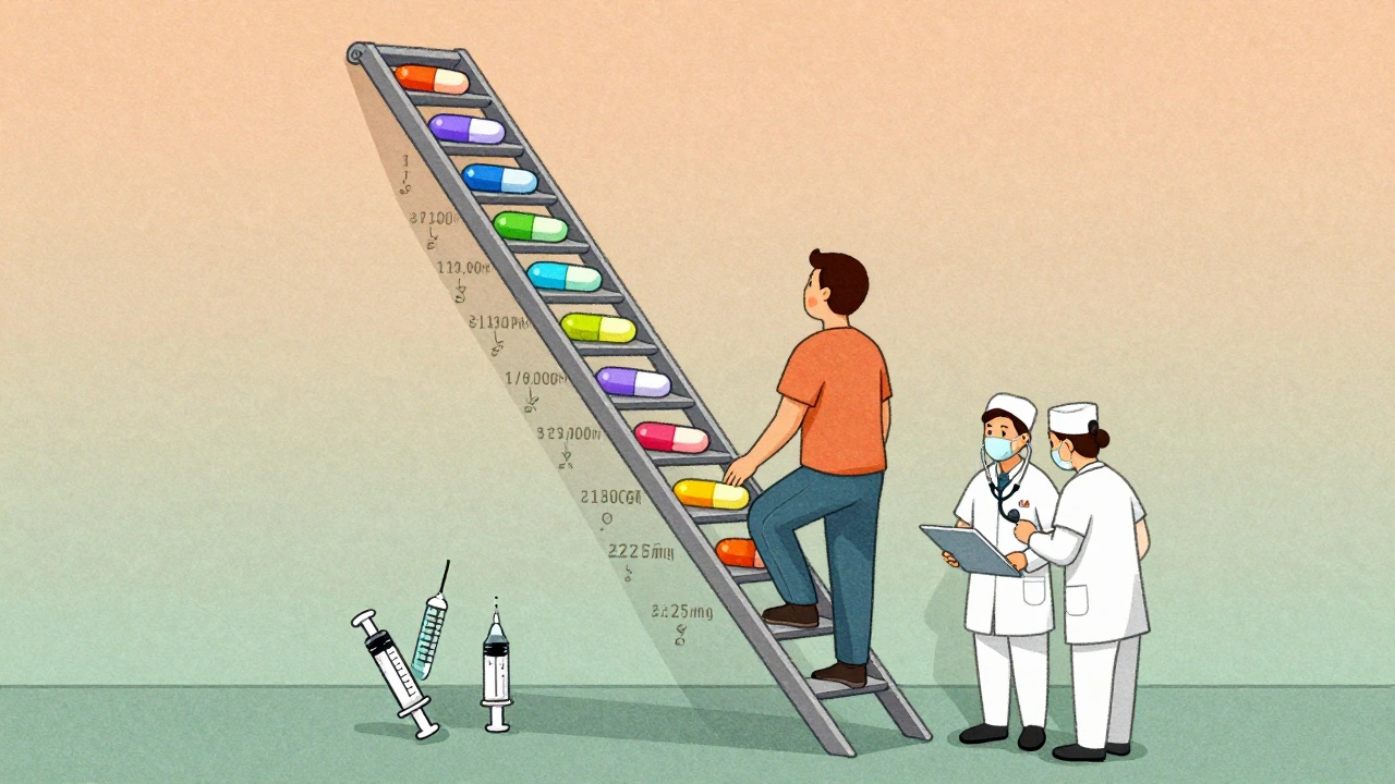 Step-by-step ladder showing gradual NSAID desensitization doses in a hospital setting