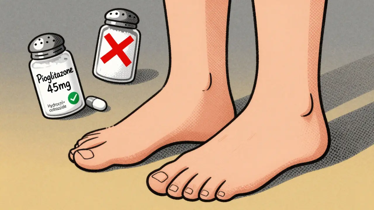 Swollen ankles with salt shakers and TZD pill crossed out, thiazide diuretic marked as solution