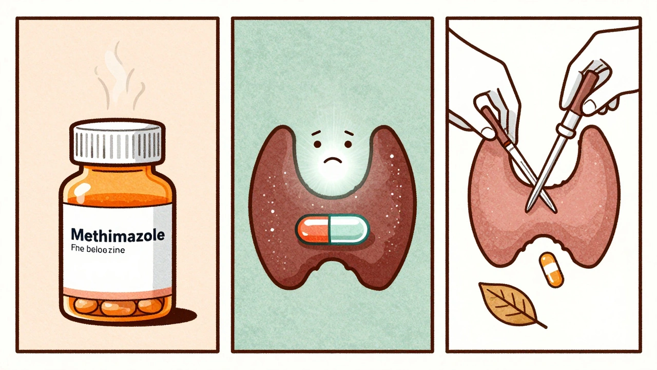 Three treatment options shown as comic panels: pill, radioactive capsule, and surgery with hormone pill.