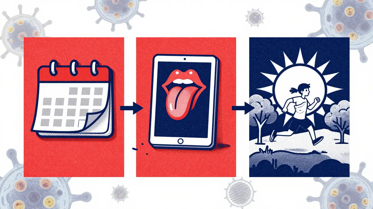 Three-year timeline showing tablet use leading to freedom from allergies in a park setting.