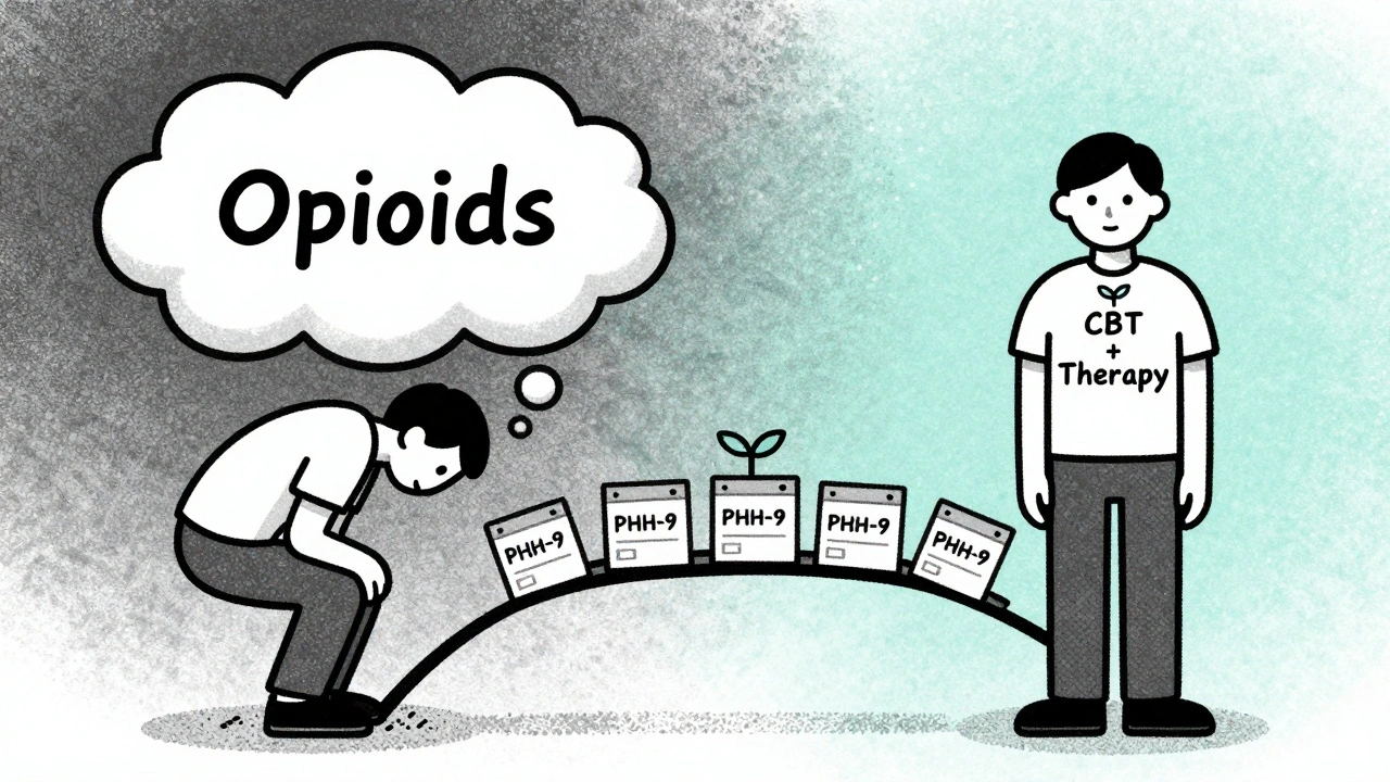 Two figures connected by a bridge of PHQ-9 screens, one weighed down by pain, the other growing hope.