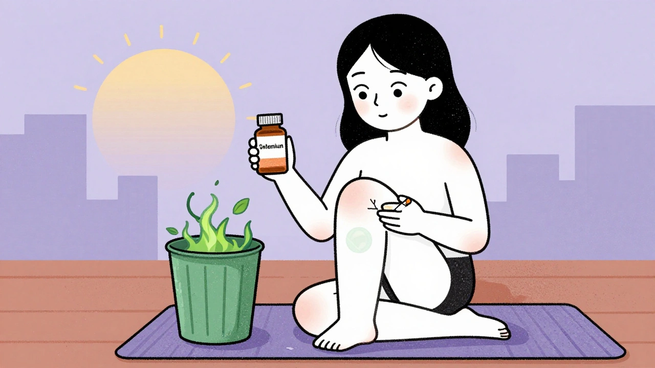 Woman with Graves&#039; eye symptoms calmly quitting smoking and practicing yoga, symbolizing healing.