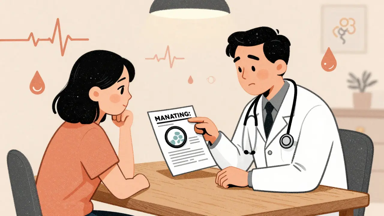 A doctor and patient reviewing a black box warning on a medication sheet at a table.