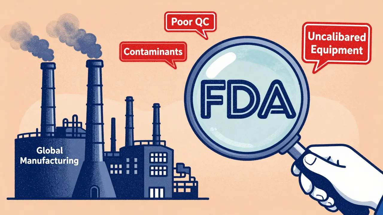 A manufacturing facility under FDA inspection with warning signs for quality control and contamination issues