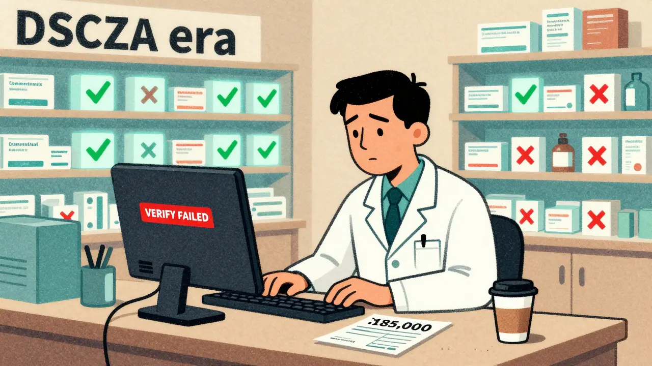 A pharmacist facing a failed verification alert in a small pharmacy, with glowing medicine shelves and invoices on counter.