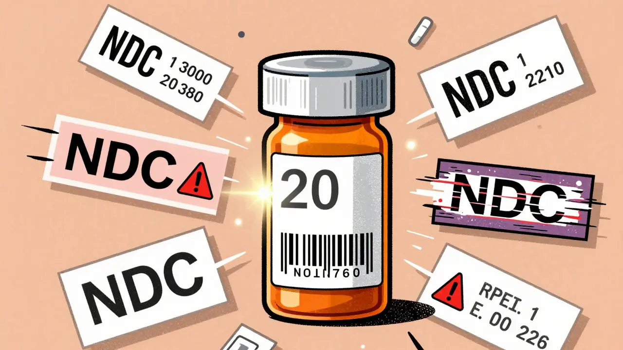 A prescription bottle with a glowing serial barcode, surrounded by authentic and corrupted drug labels in risograph aesthetic.