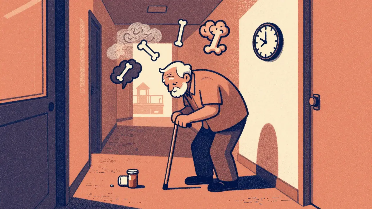 An elderly person stumbling at dawn, surrounded by symbols of fall risk and grogginess from sleep meds.