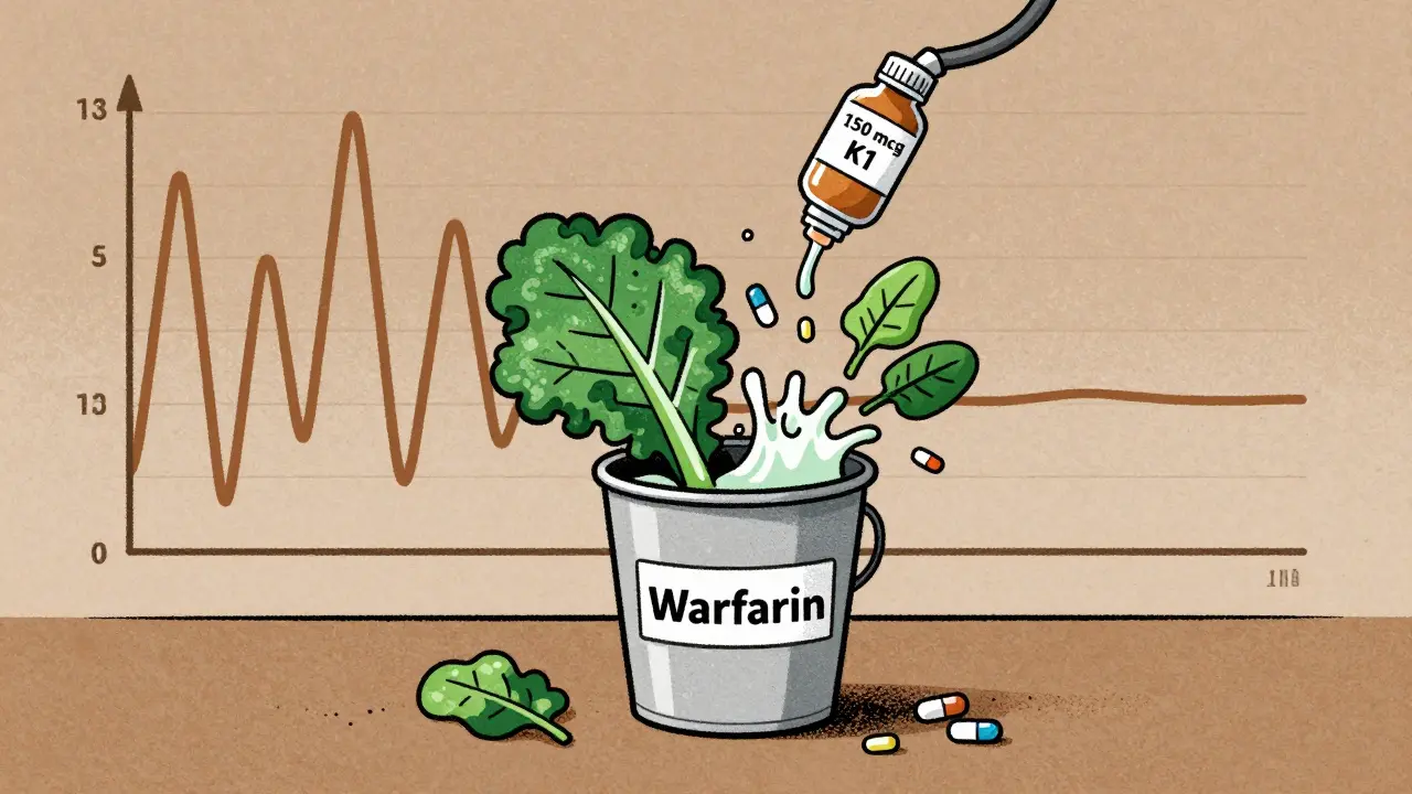 Bucket with leaky hose being steadily filled by vitamin K drip amid chaotic food splashes.