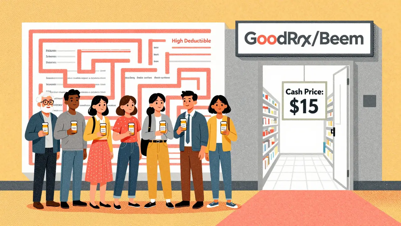 Diverse group choosing affordable online pharmacy option over insurance maze