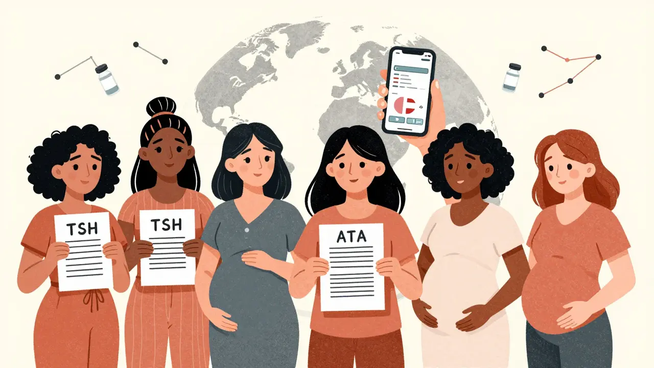 Diverse pregnant women holding TSH results with AI and global thyroid access symbols.