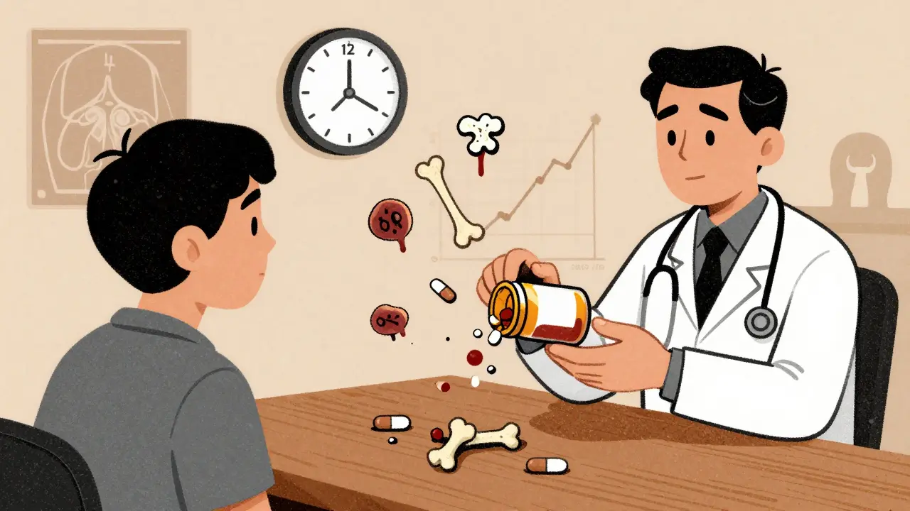 Doctor giving a pill bottle that spills medical risks like bones, cataracts, and blood sugar graphs.