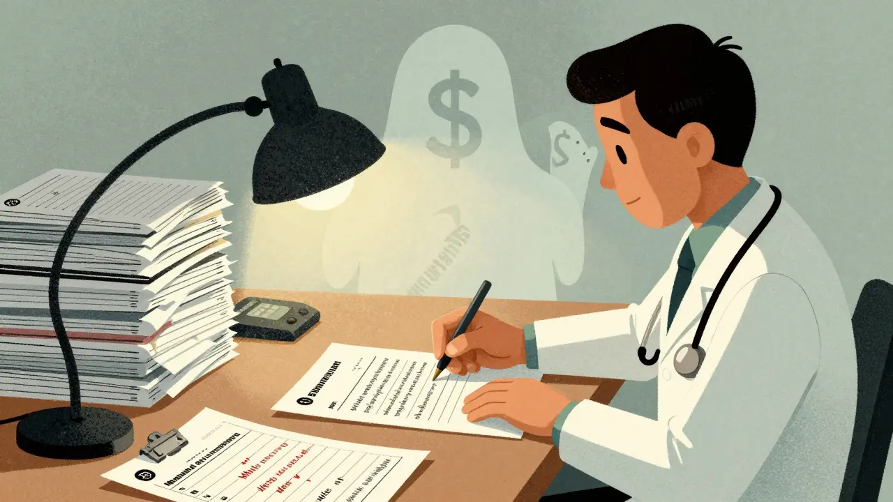 Doctor writing medical necessity letter surrounded by patient data, insurance icon fading