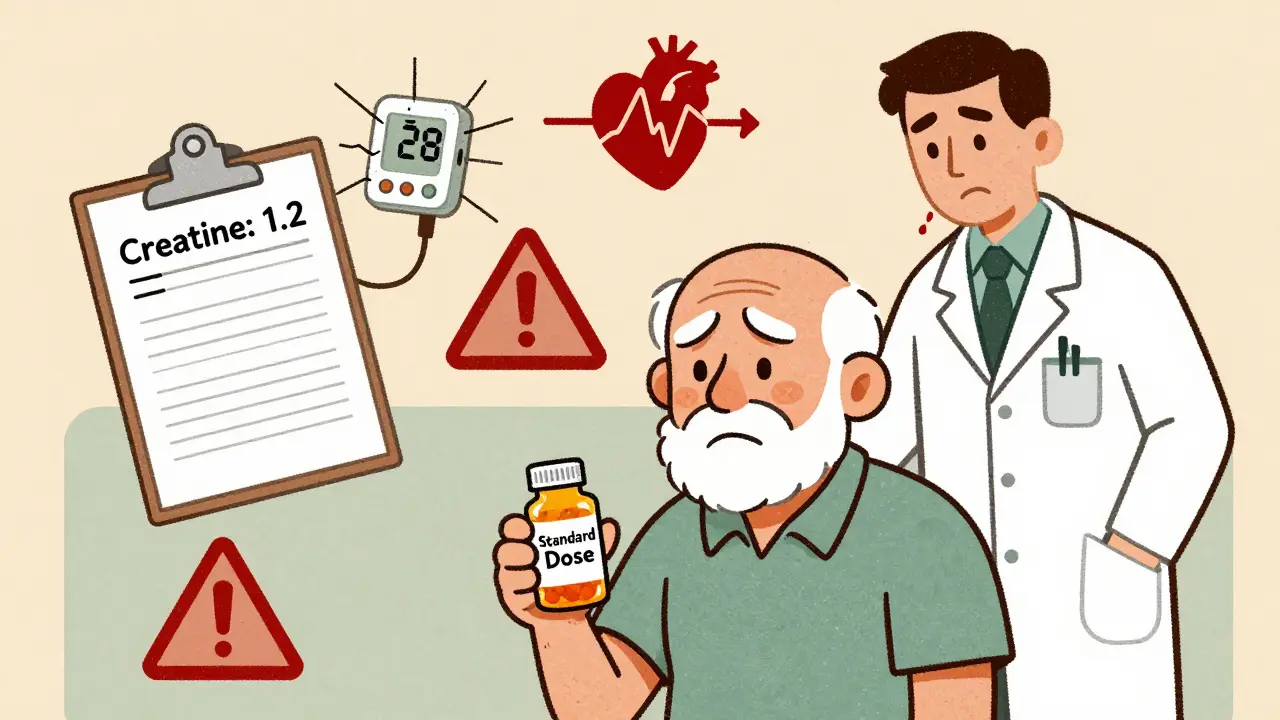 Elderly patient with unadjusted meds, doctor ignoring eGFR, warning symbols floating nearby