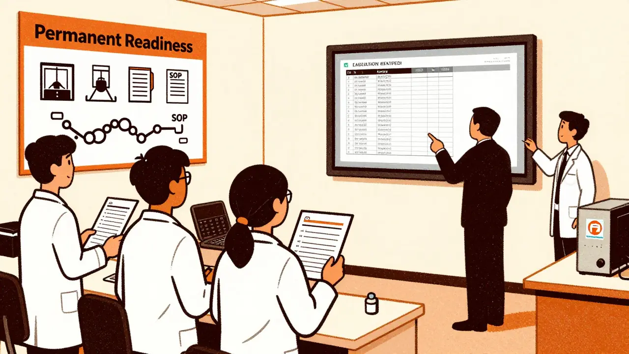 Employees conducting a mock FDA inspection with audit trail on screen, risograph aesthetic