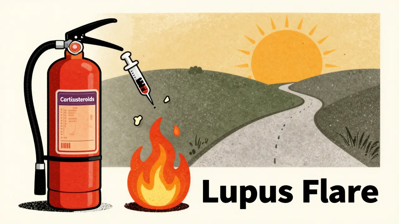 Fire extinguisher labeled corticosteroids douses inflammation but leaks harmful side effects.