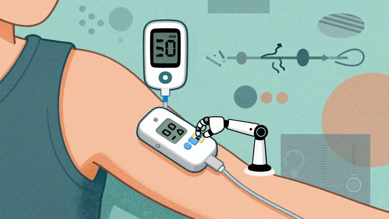 Insulin pump and CGM displaying real-time blood sugar data on a person's arm.