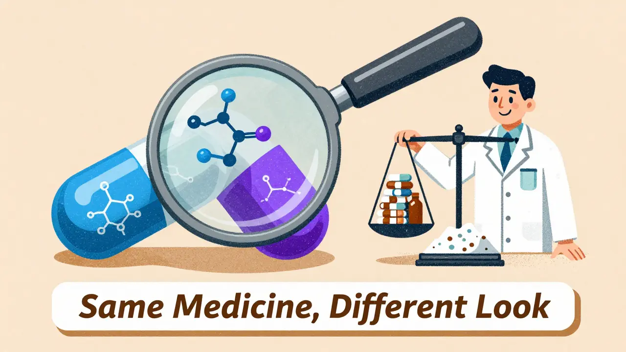 Magnifying glass revealing identical drug molecules inside two differently colored capsules, with a pharmacist and scale balancing brand vs generic pills.