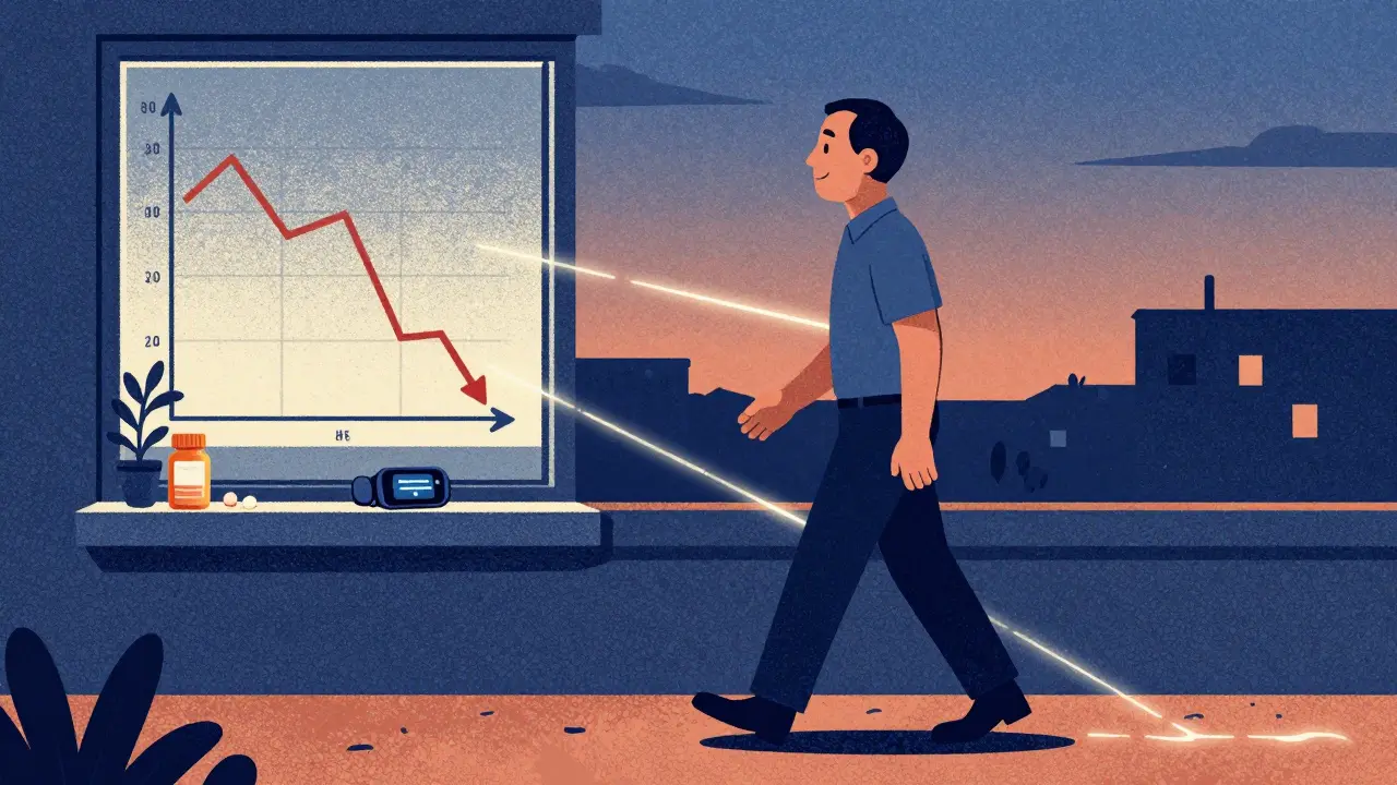 Man walking at dusk, glowing footsteps tracking improved health metrics beside a pill bottle.