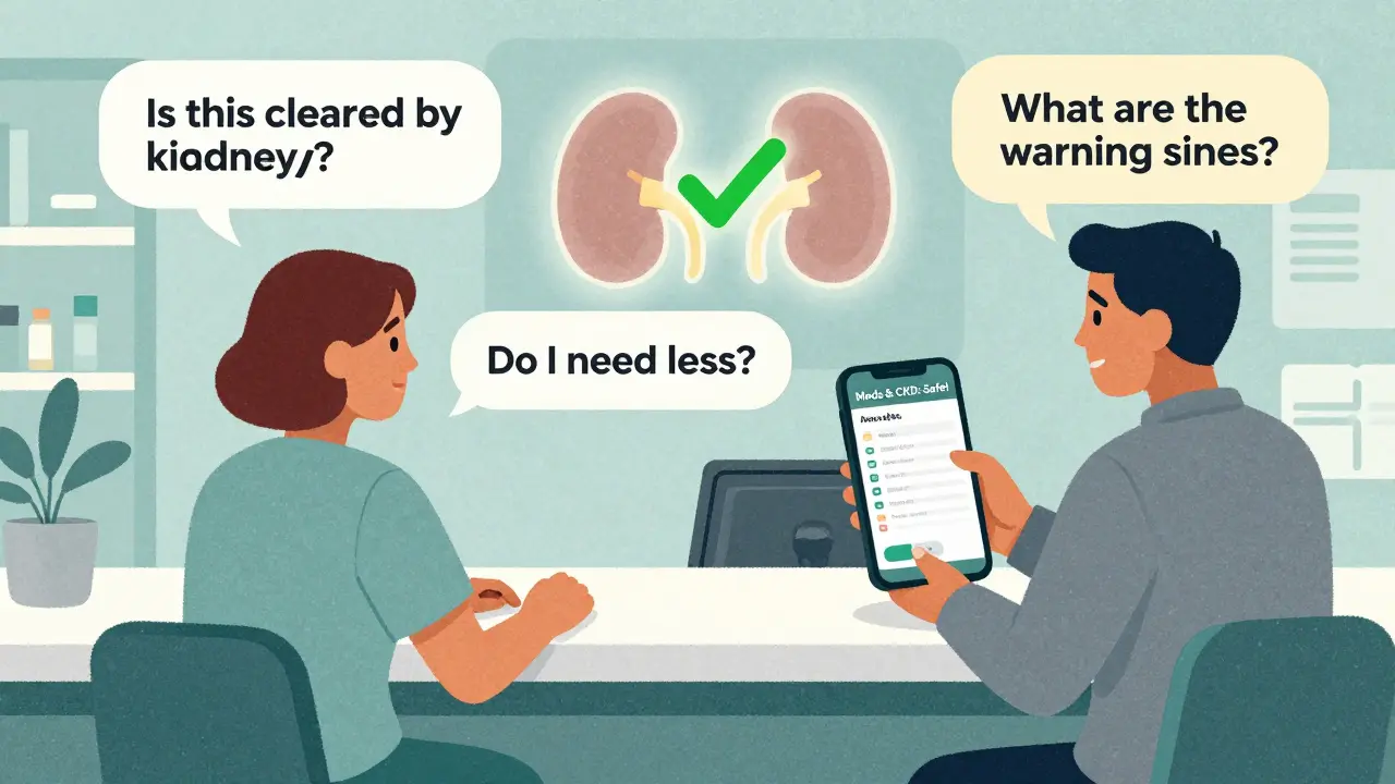 Patient asking safety questions at clinic, phone app showing safe meds in risograph style