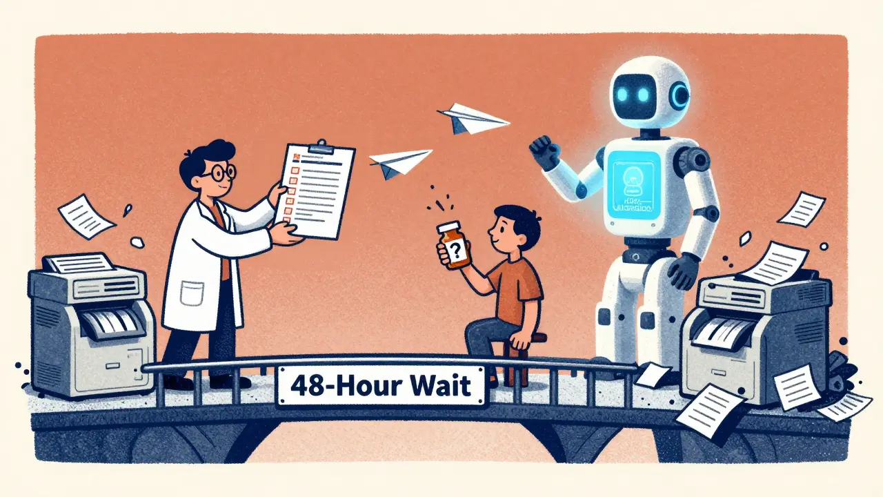 Patient at a wait bridge while AI automation replaces outdated fax systems.