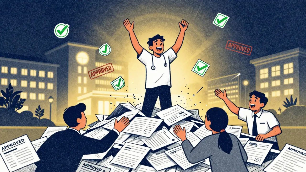 Patient standing on denial letters as approval stamps surge forward, hopeful scene