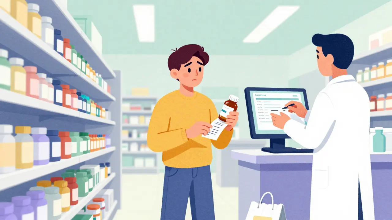 Person confronting pharmacist in pharmacy, holding medication and receipt.