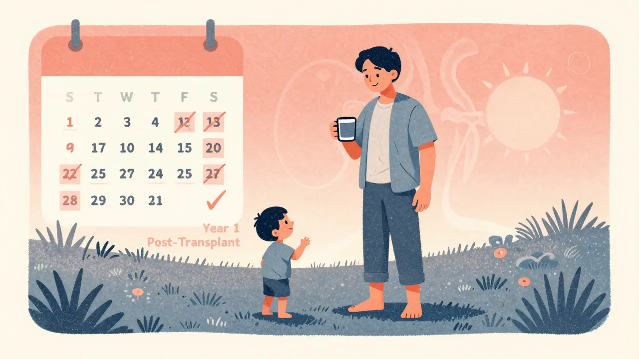 Person smiling in sunrise grass with kidney-shaped sun behind, holding coffee, calendar shows post-transplant milestone.