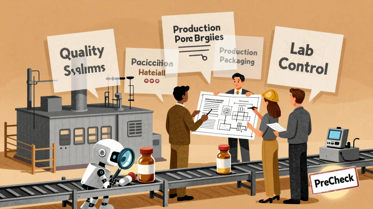 Pharmaceutical facility under construction with FDA advisor reviewing layered quality systems