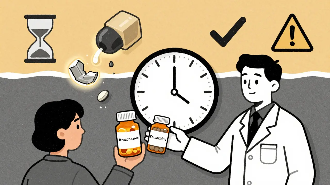 Pharmacist advising patient on timing antifungal and H2 blocker doses with a 2-hour gap, liquid form dissolving properly.