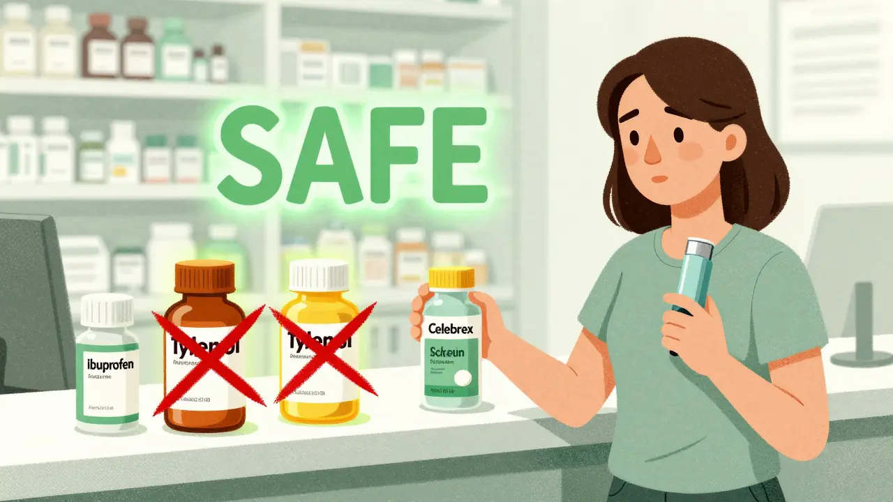 Pharmacy scene showing safe pain relievers glowing beside banned NSAIDs, with patient holding inhaler.
