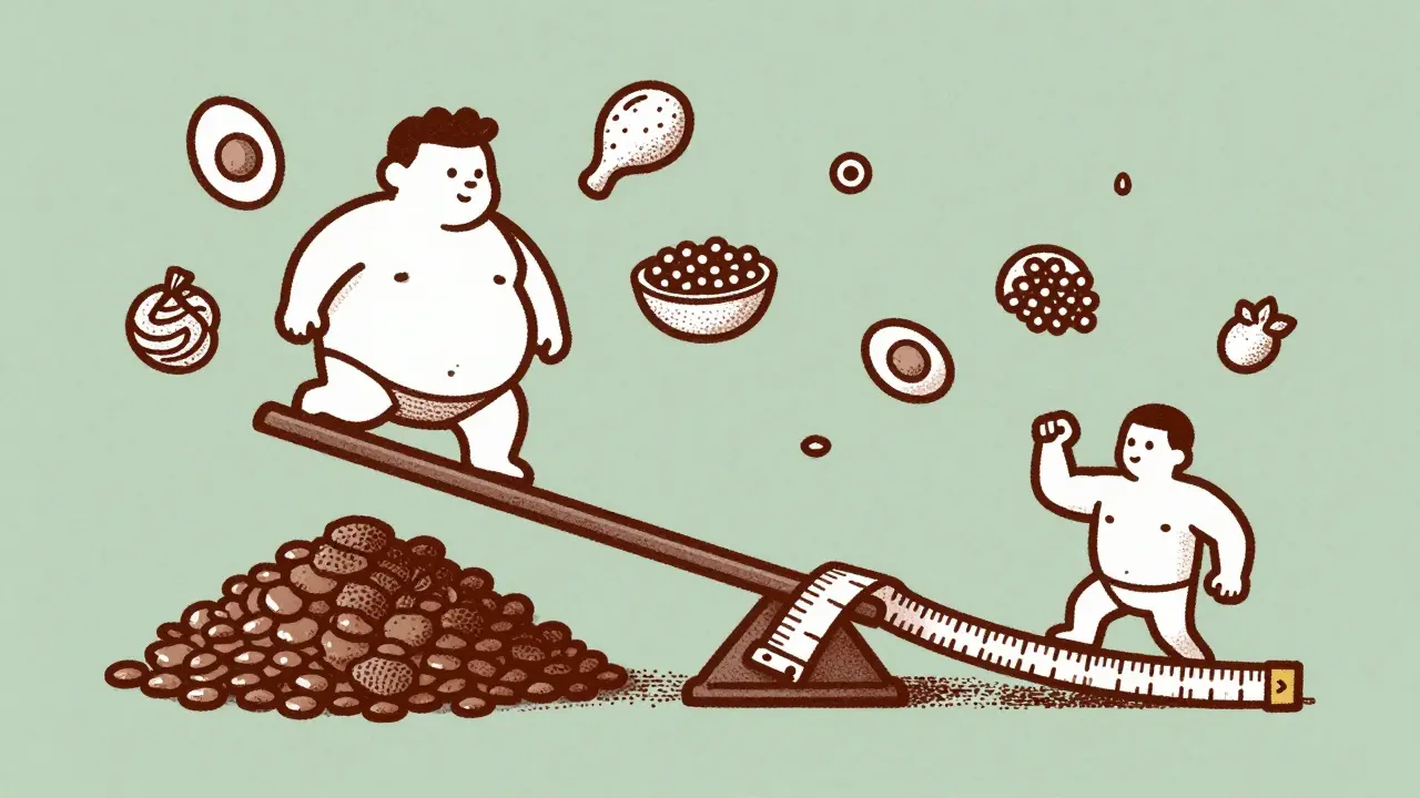 Scale tipping between fat and muscle, surrounded by protein foods and a shrinking waistline.
