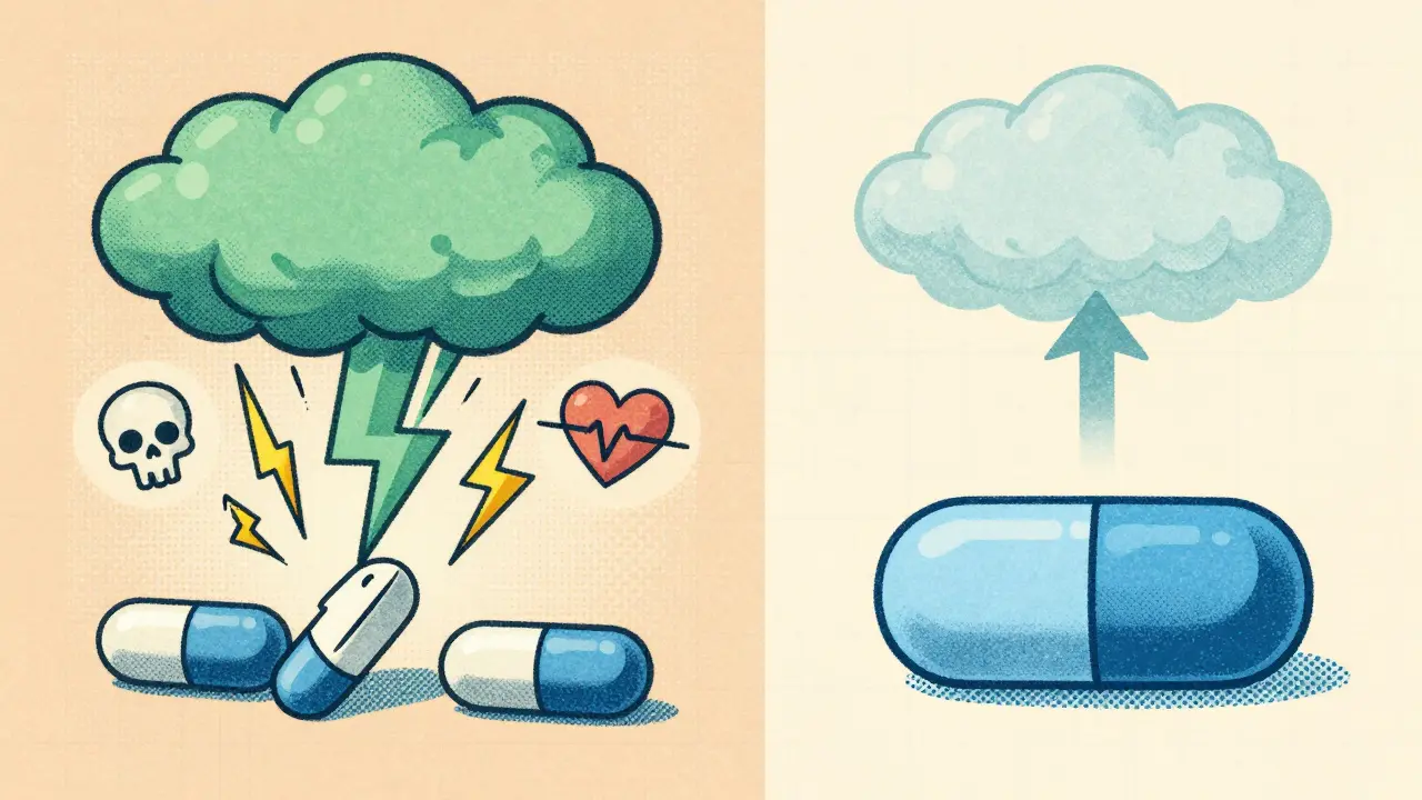 Split illustration showing dangerous interaction between cimetidine and voriconazole versus safe co-administration with famotidine.