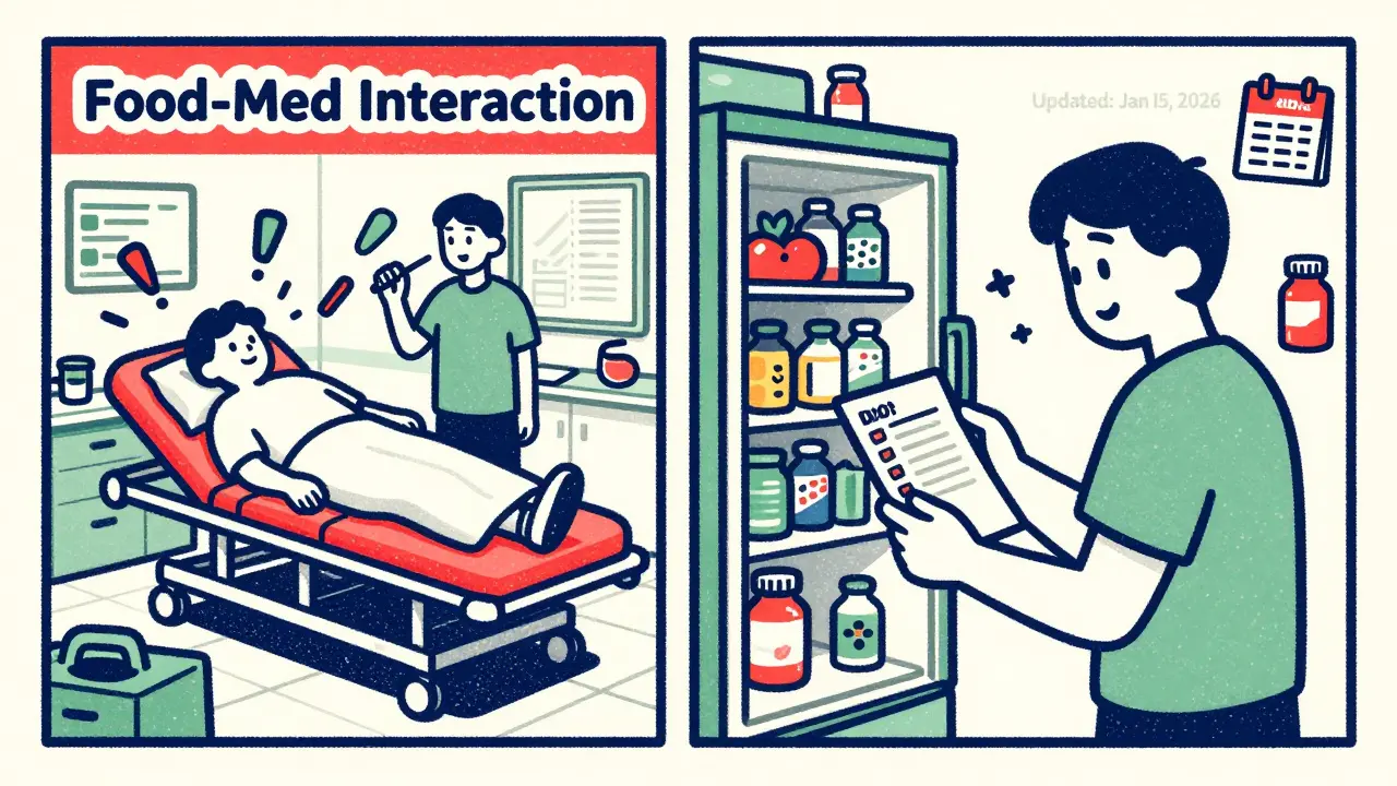 Split scene: chaotic ER on left, calm person checking fridge checklist on right, symbolizing prevention of drug-food interactions.